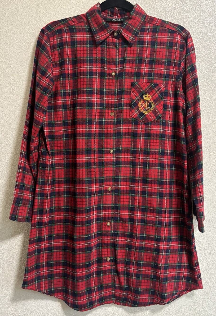 Lauren Ralph Lauren Nightgown Plaid Shirt Long Sleeve Button Up Women's Size S